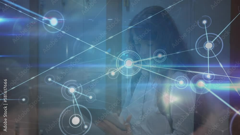 Animation of network of connections over caucasian businesswoman smiling in office Animation of network of connections over caucasian businesswoman smiling in office