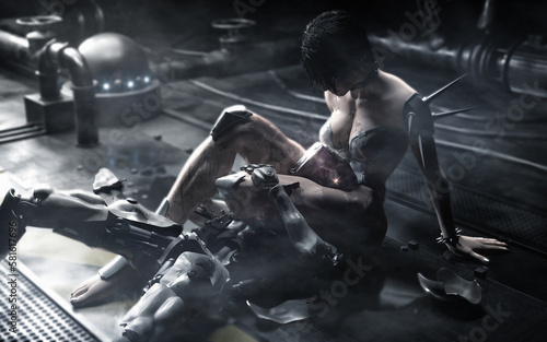 female cyborg killing a combat drone with leg choke with soft focus futuristic background