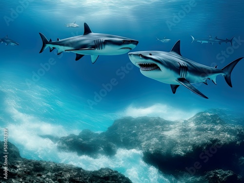 Sharks swimming in the ocean, Designed with the help of AI © BowlesCreativeStudio