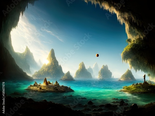 Tropical rocky island view from inside a cave, Designed with the help of AI