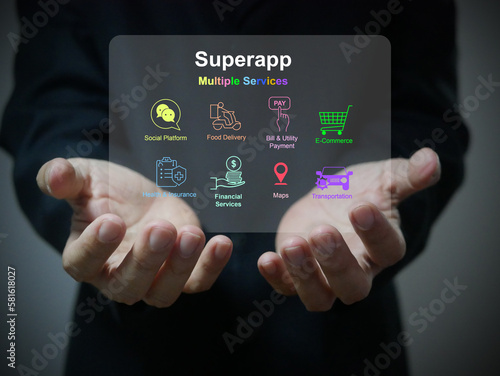 A businessman holds a virtual screen of superapp that serves multiple services as a one stop service photo