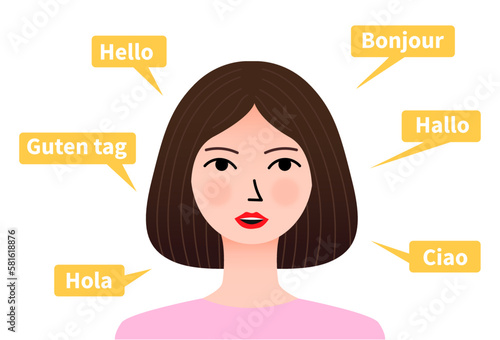 Woman with speech bubbles,  speaking different languages with polyglot abilities. Speaking french, german, Spanish, Italian and english