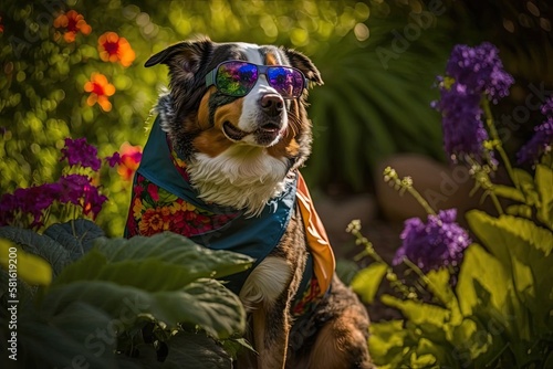 Canine with Intense Gaze in Oakley Shades Amid Vibrant Garden, generative AI photo