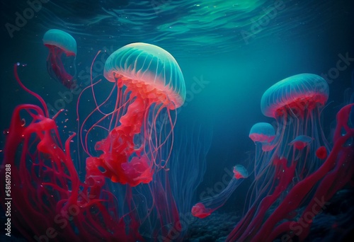 red tint of jellyfish at the bottom of the water in blue tones, marine depth