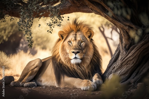 Majestic Lion Resting Under Tree on Verdant Savannah  generative AI