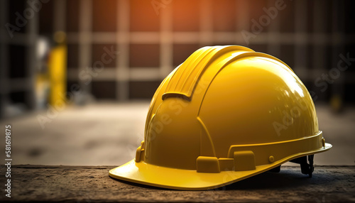 3D Illustration Digital Art. Close-up on one safety matte yellow plastic helmet on a metal table indoors with a clean cold modern industry background.	