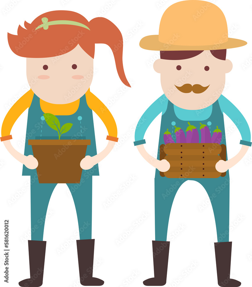 Farmer man and woman with Eggplant basket and Potted seedlings  illustration
