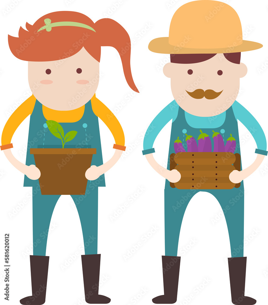 Farmer man and woman with Eggplant basket and Potted seedlings illustration
Farmer man and woman with Eggplant basket and Potted seedlings illustration