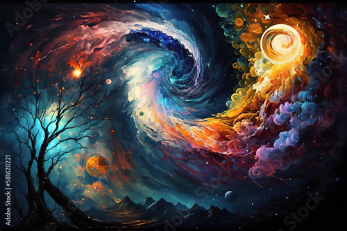 Painting digital art. Spiral galaxy night landscape. 3d colorful background