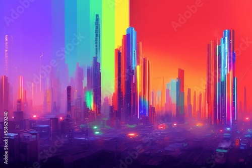 retro cityscape vibrant colorful rainbow buildings generative ai © VibrantVisions