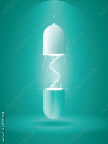 Hologram of a dna genetic sequence shaped image between a high tech energy powered bioengineering light capsule floating on a lit room