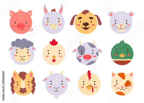 Fototapeta Naklejka Na Ścianę i Meble -  Circle animal faces set for UI or mobile application. Cute kawaii avatars collection for kids game, simple head icons in bright color, flat vector illustration isolated on white background.