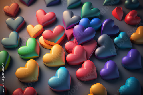 A heart-shaped rainbow of colors rendering with a lot of hearts in different colors photo