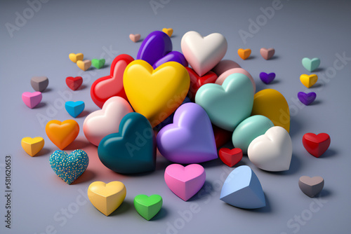 A heart-shaped prism rendering with a lot of hearts in a variety of colors