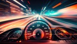 dashboard car in long exposure dynamic speed colorfull light trails background. cyber punk, drift by ai generative