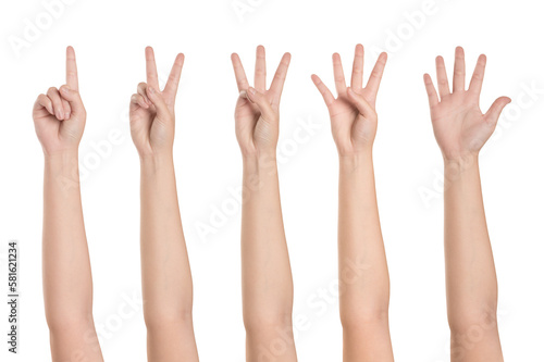 Set of woman showing hands isolated on white background