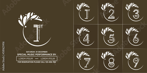 set of anniversary logotype white color with swoosh and ornament for special celebration event