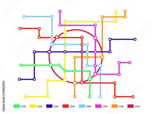 Subway metro map template. Sity transportation plan - metro, train or bus road net. Abstract route concept with stations isolated on white background.