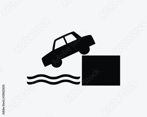 Car Drive off Cliff Icon Vehicle Fall Falling into Water Sea Vector Black White Silhouette Symbol Sign Graphic Clipart Artwork Illustration Pictogram