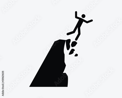 Cliff Collapse Icon Landslide Mountain Break Off Man Falling Vector Black White Silhouette Symbol Sign Graphic Clipart Artwork Illustration Pictogram
