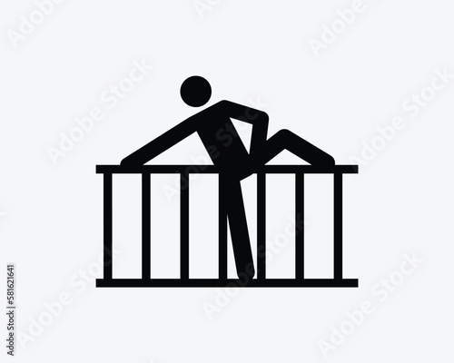 Climbing Fence Icon Climb Over Barrier Trespassing Intruder Vector Black White Silhouette Symbol Sign Graphic Clipart Artwork Illustration Pictogram