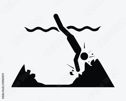 Cliff Diving Dangers Hit Head Shallow Water Dangerous Icon Vector Black White Silhouette Symbol Sign Graphic Clipart Artwork Illustration Pictogram
