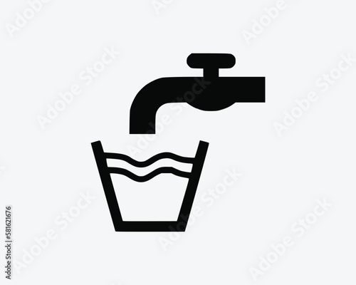 Drinking Tap Water Faucet Fill Cup Bucket Black White Silhouette Sign Symbol Icon Graphic Clipart Artwork Illustration Pictogram Vector 