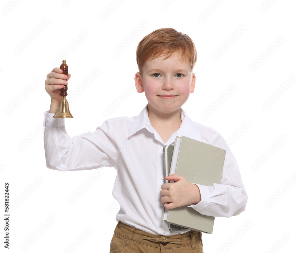 Pupil with school bell and books on white background