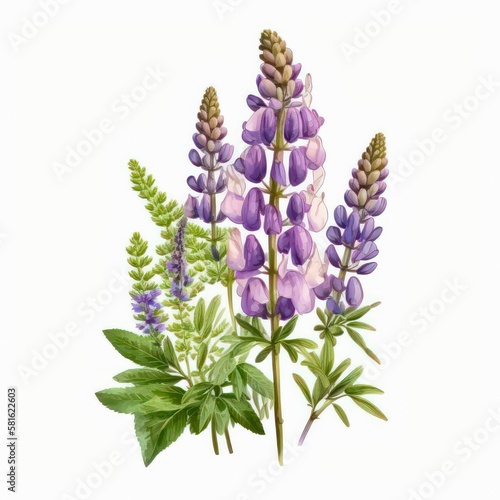 Watercolor violet lupine flowers on white background. Generative AI art.