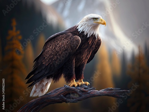 American bald eagle. Wild bird sits on a branch in the forest. Generative AI. © Hanna