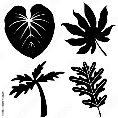 Tropical leaves vector illustration set of 4 realistic tropical leaf silhouettes black color shapes