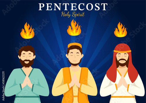 Pentecost Sunday Illustration with Flame and Holy Spirit Dove in Catholics or Christians Religious Culture Holiday Flat Cartoon Hand Drawn Templates