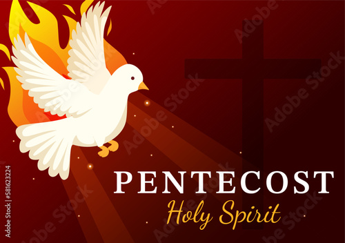 Pentecost Sunday Illustration with Flame and Holy Spirit Dove in Catholics or Christians Religious Culture Holiday Flat Cartoon Hand Drawn Templates