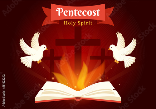 Pentecost Sunday Illustration with Flame and Holy Spirit Dove in Catholics or Christians Religious Culture Holiday Flat Cartoon Hand Drawn Templates
