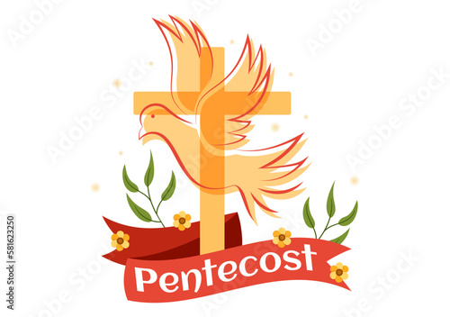 Pentecost Sunday Illustration with Flame and Holy Spirit Dove in Catholics or Christians Religious Culture Holiday Flat Cartoon Hand Drawn Templates