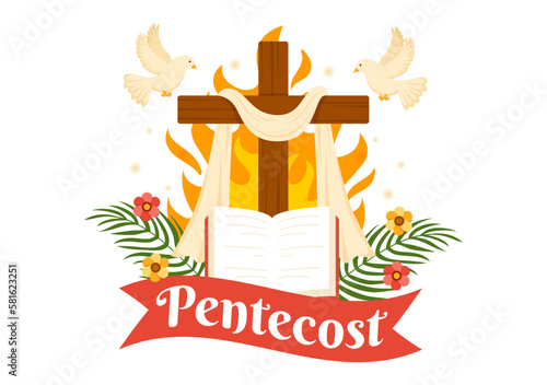 Pentecost Sunday Illustration with Flame and Holy Spirit Dove in Catholics or Christians Religious Culture Holiday Flat Cartoon Hand Drawn Templates