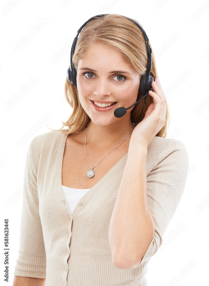 Keeping our customers happy. Studio portrait of an attractive young woman talking on a headset isolated on white. Keeping our customers happy. Studio portrait of an attractive young woman talking on a headset isolated on white.