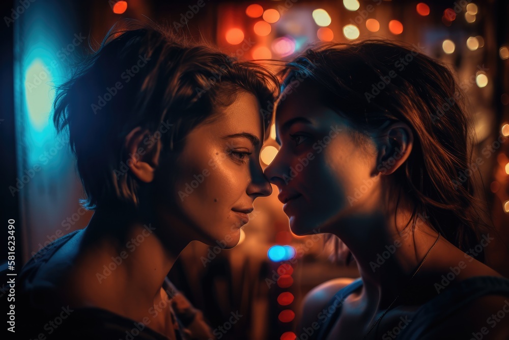 Young lesbian couple in their moment of intimacy at night . This image was created with generative AI	