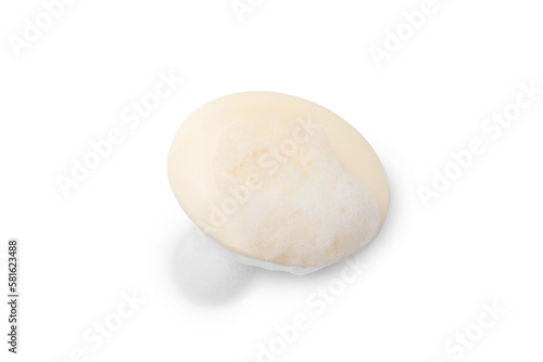 Soap with fluffy foam isolated on white, top view