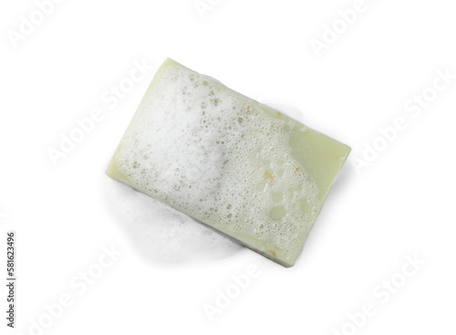 Soap with fluffy foam isolated on white