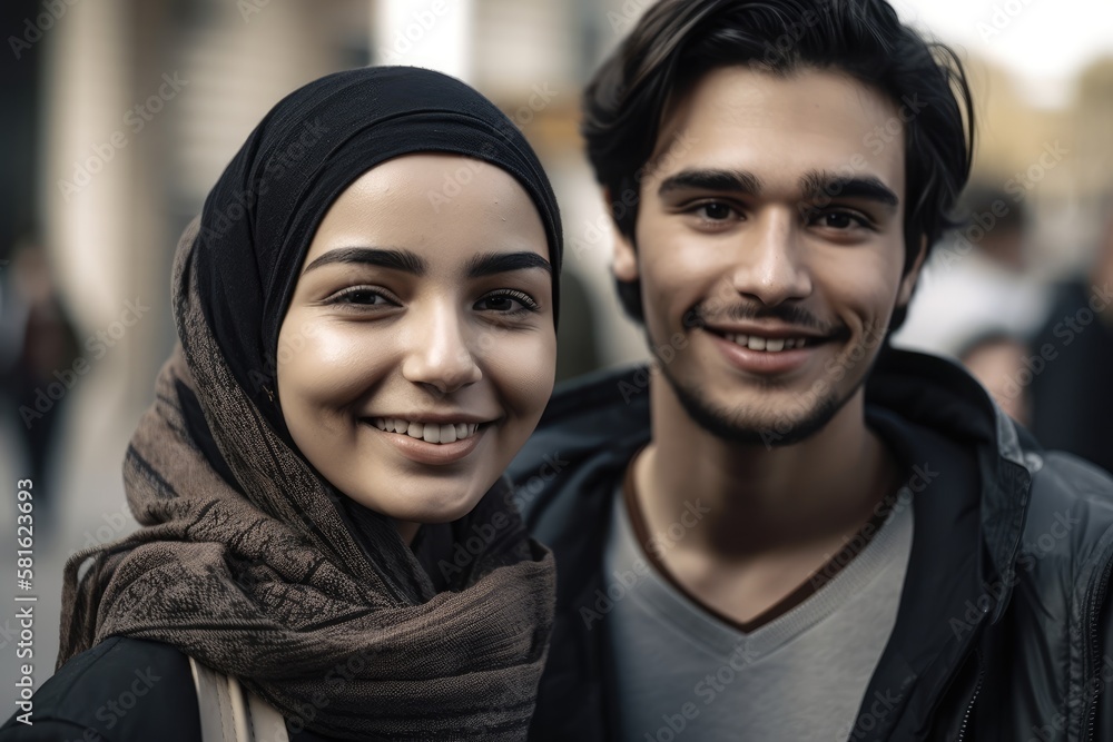 Smiling middle eastern students looking at the camera male and female. Generative AI Smiling middle eastern students looking at the camera male and female. Generative AI