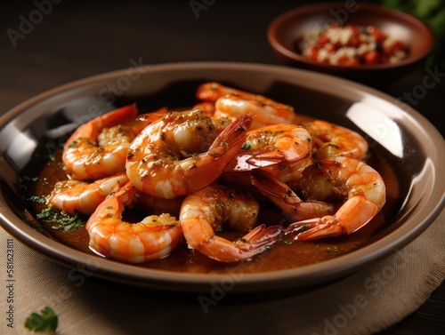 Shrimps cooked in olive oil, lemon and garlic sauce. Generative AI