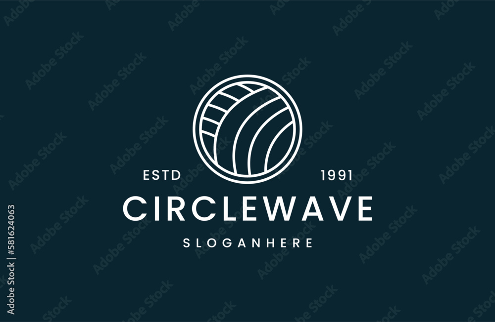 Luxury white line logo design with simple and modern sea water wave shape in circle Luxury white line logo design with simple and modern sea water wave shape in circle