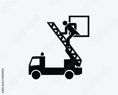 Emergency Fire Truck Rescue Ladder Window Building Black White Silhouette Sign Symbol Icon Graphic Clipart Artwork Illustration Pictogram Vector 
