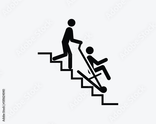 Emergency Evacuation Chair Stairs Steps Rescue Device Black White Silhouette Sign Symbol Icon Clipart Graphic Artwork Pictogram Illustration Vector