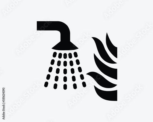 Fire Sprinkler Flame Spray Water Sprinkle Suppression System Black White Silhouette Sign Symbol Icon Clipart Graphic Artwork Pictogram Illustration Vector