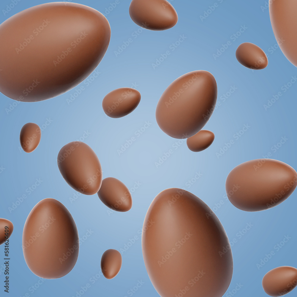 Many chocolate eggs falling on dusty blue background Many chocolate eggs falling on dusty blue background