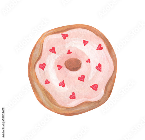 Isolated watercolor and gouache elements. A donut with icing. Bakery products. Valentine's day. Painting. Color illustration. The print is used for packaging design, fabric.