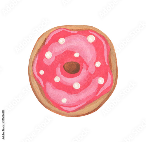 Isolated watercolor and gouache elements. A donut with icing. Bakery products. Valentine's day. Painting. Color illustration. The print is used for packaging design, fabric.