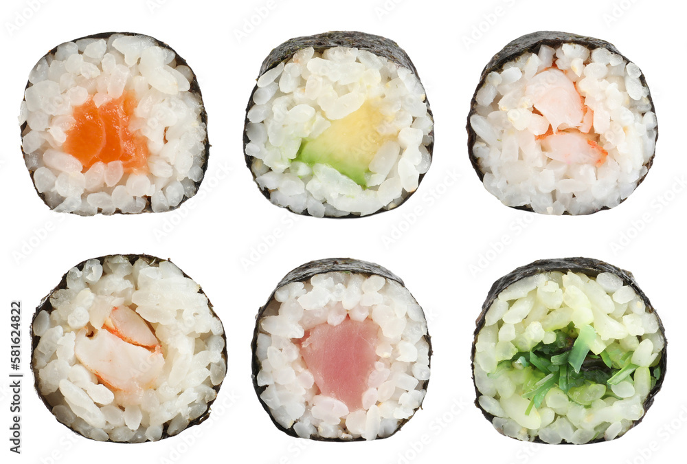Set of delicious different sushi rolls on white background Set of delicious different sushi rolls on white background